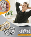 Two Pack Bicycle Chain Gear Fidget Spinner For Stress Relief And Focus Desk Toy For Kids And Adults Portable Office Or Travel Spinner Durable Metal Chain Gear With Smooth Stainless Bearings For EDC, shown in gold and silver on desk and in hand.