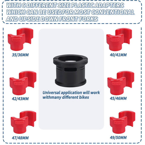 Fork Seal Driver Tool Kit 14Pcs For 35Mm To 50Mm Forks with red nylon adapters and black steel press tool displayed.