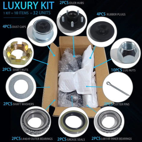 Luxury kit components for 2 Pack Trailer Hub Kit 5 On 5 For 3500 Lb Axles, including dust caps, rubber plugs, and bearings.
