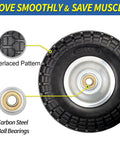Close-up of flat free 10 inch tire and wheel 4.10/3.50-4 for hand trucks, showing interlaced pattern and carbon steel ball bearings.