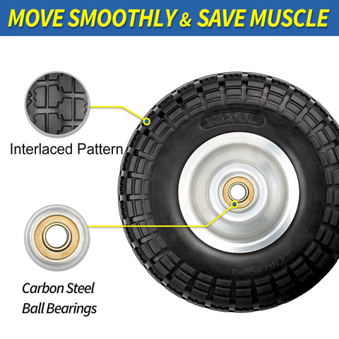 Close-up of flat free 10 inch tire and wheel 4.10/3.50-4 for hand trucks, showing interlaced pattern and carbon steel ball bearings.