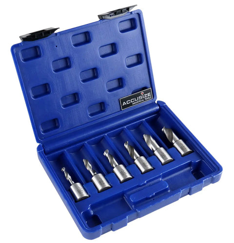 Six Piece HSS Drill Bit Set With 3/4 Inch Weldon Shank And 1 Inch Cutting Depth Fully Ground For Metal Wood And Aluminum in case