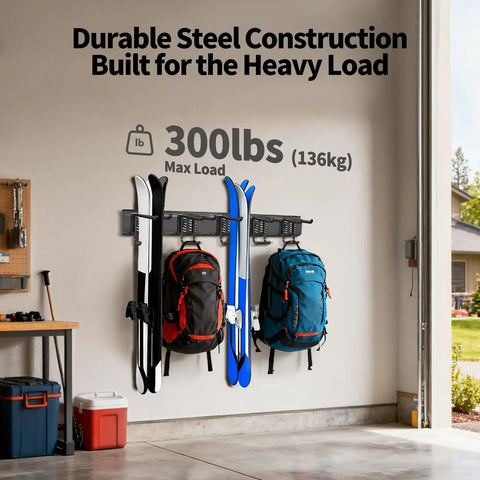 Extra Wide Tool Rack Wall Mount For Garage And Shed installed, holding backpacks and skis, supports up to 300 lbs, durable steel construction.