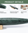 French Marble Rolling Pin With Wooden Resting Base 15 Inch Nonstick Dough Roller shown in side view on wooden base