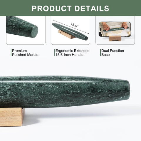 French Marble Rolling Pin With Wooden Resting Base 15 Inch Nonstick Dough Roller shown in side view on wooden base