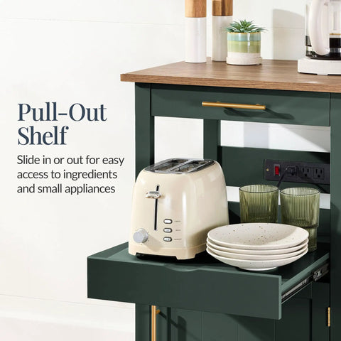 Rolling Kitchen Island Cart With Single Door Cabinet, Drawer, Sliding Tray, Built In Electrical Outlet, Swivel Locking Wheels