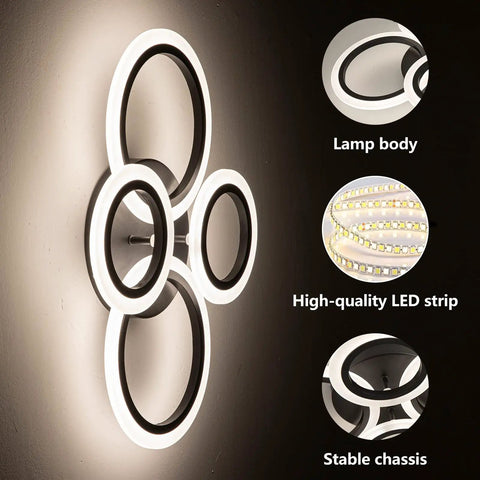 34W Dimmable LED Ceiling Light With Four Ring Black Flush Mount 3000K To 6000K Color Temp Remote Control 2720 Lumens details