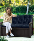 Woman sitting on bench with Outdoor Porch Swing Cushion Replacement For 2 To 3 Seater Benches With Backrest Waterproof Polyester