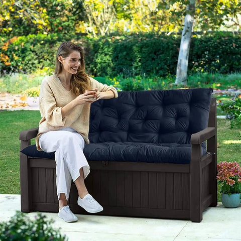 Woman sitting on bench with Outdoor Porch Swing Cushion Replacement For 2 To 3 Seater Benches With Backrest Waterproof Polyester