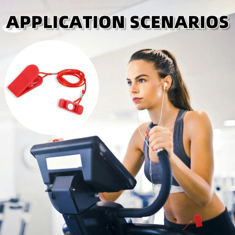 Woman using treadmill with Two Pack Universal Treadmill Magnet Safety Keys with Rectangular Magnetic Emergency Stop Switch visible on screen.