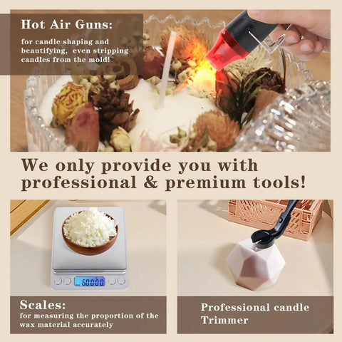 Pro Grade Double Boiler Wax Melter Pot For Candle Making Kit with heat gun, digital scale, and candle trimmer for DIY crafting.