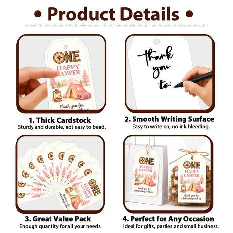 Pink One Happy Camper First Birthday Thank You Tags 50 Pack with Twine for Girls, product details and use examples