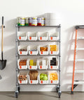 Smooth Rolling Five Tier Heavy Duty Steel Shelving Cart With Sixteen Polypropylene Storage Bins And Clear Label Slots for organized tools and materials.