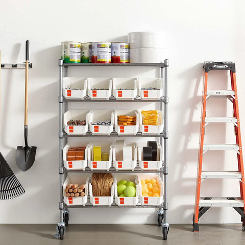 Smooth Rolling Five Tier Heavy Duty Steel Shelving Cart With Sixteen Polypropylene Storage Bins And Clear Label Slots for organized tools and materials.