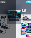 Before and after of GaN 3 USB C Fast Charger Block With Multi Port USB Charging Station 100W PD PPS, tidy multi-device setup.