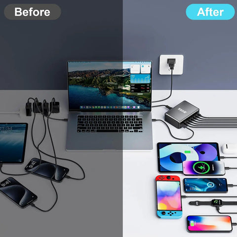 Before and after of GaN 3 USB C Fast Charger Block With Multi Port USB Charging Station 100W PD PPS, tidy multi-device setup.