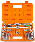 Tap and die set (40 pcs, metric) in orange case; front view with dies and taps