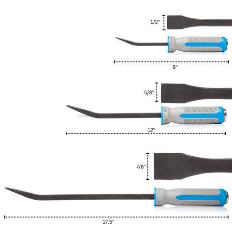 Three Piece Pry Bar Set With Angled Tips, 8, 12, And 17.5 Inch Heavy Duty Crow Bars with Textured TPR Handles and Black Oxide Chromium Steel