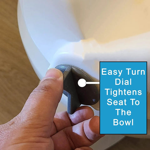 Raised Toilet Seat With Handles 4.5 Inch Lift For Elongated And Round Toilets, Safe Locking Arms detail with tightening dial
