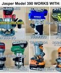 Circle Cutter Jig for Routers compatible with Milwaukee, Kobalt, Ryobi, Avid, Metabo, Ridgid models shown.