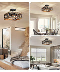 4 Light Modern Black Square Chandelier With Vintage Wood Grain Finish And 180 Degree Adjustable Pole For Dope Vibe Seventeen Point Seven Inch Pendant Lighting installed in living room, dining room, and kitchen settings