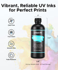 Cmyk White Gloss Uv Curable Ink Kit For Flatbed Printers Features A Slick Clog Resistant Blend That Flows Smooth And Delivers Straight Fire Prints Daily For Signage Or Maker Studios, 500 mL bottle.