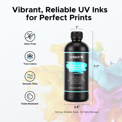 Cmyk White Gloss Uv Curable Ink Kit For Flatbed Printers Features A Slick Clog Resistant Blend That Flows Smooth And Delivers Straight Fire Prints Daily For Signage Or Maker Studios, 500 mL bottle.