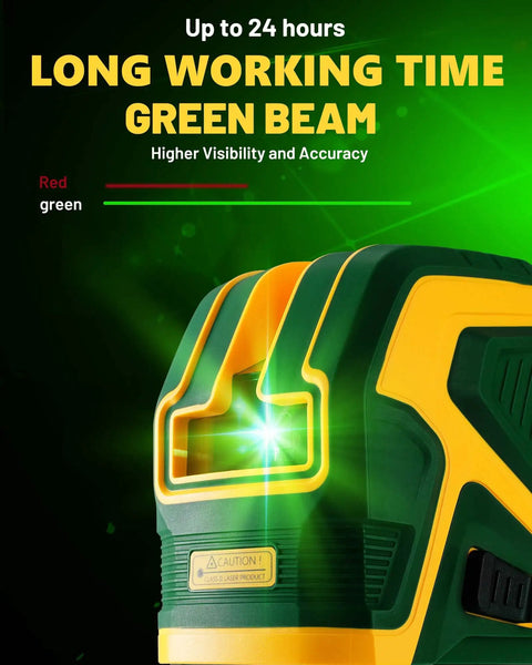 Cross Line Laser Level With Two Plumb Dots 24 Hour Battery Life Type C Charging Self Leveling Pulse Mode Dual Power Pro Grade Jobsite Tool For Indoor And Outdoor Use And Quick Setup