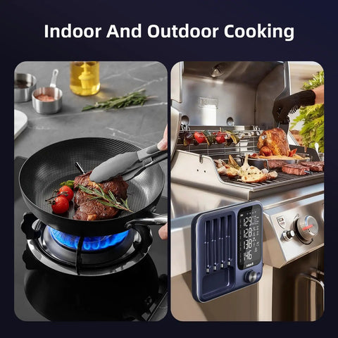 Smart Wireless Meat Thermometer With Four Probes And IP67 Waterproof Design, Dual Sensors Per Probe For Accurate Readings, WiFi Unlimited Range With Real Time Monitoring, Bluetooth Up To 300 Ft For Cookin, BBQ, Grillin, Oven, Smoker. Indoor and outdoor cooking with four probes, grill display.