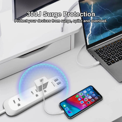 Three Outlet Power Strip With Two USB Ports 2.4A Total White 6 Foot Cord 1250W 10A Surge Protector 300 Joules Wall Mountable in use