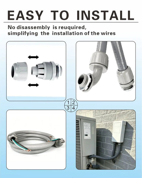 Hustle Ready 3/4 Inch Liquid Tight Flexible Electrical Conduit Kit with 6 Foot Nonmetallic PVC and fittings shown in installation steps.