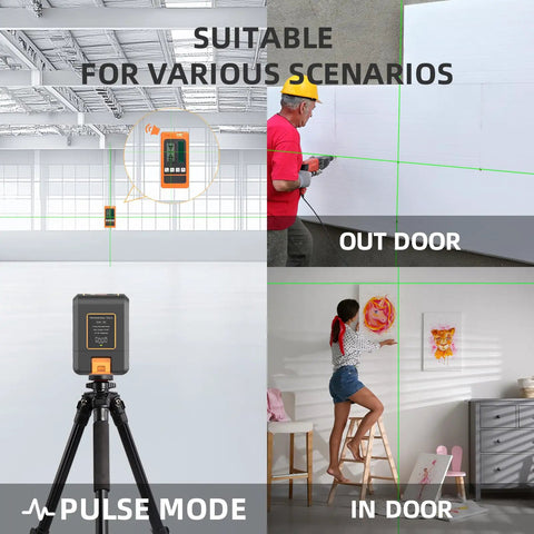 Self Leveling Cross Line Laser Level With 100ft Range Green Beam 10 Brightness Levels Carrying Pouch Included Ideal For Picture Hanging DIY Construction Indoor Projects. In use for indoor and outdoor leveling