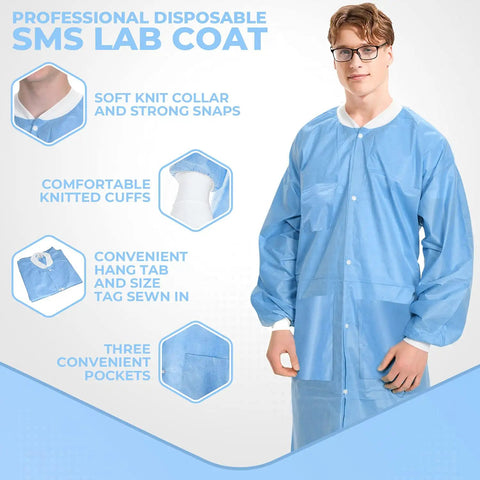 Extra Safe Disposable Lab Coat Knee Length In Ceil Blue 3XL With 3 Layer SMS Fabric Anti Static Coating Wrinkle Free Unisex Medical Coat Pack Of 10 For Daily Lab Work shown with features like soft knit collar, knitted cuffs, and pockets.