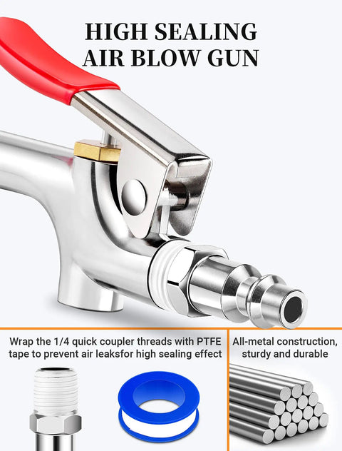 Close-up of Two Way Air Blow Gun Kit with metal construction and rubber tip for workshop use.