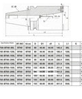 Detailed chart showing dimensions of Rock Solid CNC Tool Holder Adapter Sleeve BT50 to BT40 collet interface specifications.