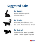 Suggested baits for rabbits, skunks, and squirrels with food items listed for each animal on a Havahart instructions graphic.