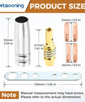 Premium 29 Pc Mig Welder Consumable Set Featuring Contact Tips Gun Nozzles Diffusers For Mb15 Torch With Seamless Fit On Mig130 And Mig200 Units close-up showing sizes of tips, nozzle, and diffuser components.