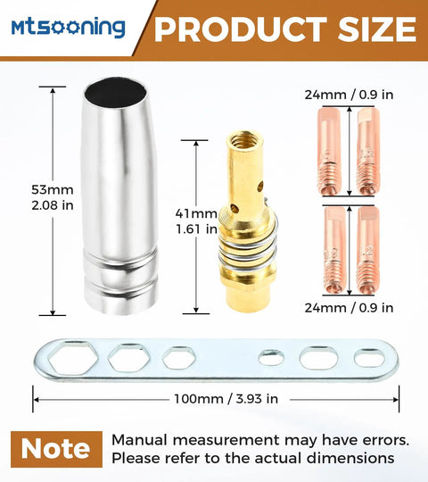 Premium 29 Pc Mig Welder Consumable Set Featuring Contact Tips Gun Nozzles Diffusers For Mb15 Torch With Seamless Fit On Mig130 And Mig200 Units close-up showing sizes of tips, nozzle, and diffuser components.