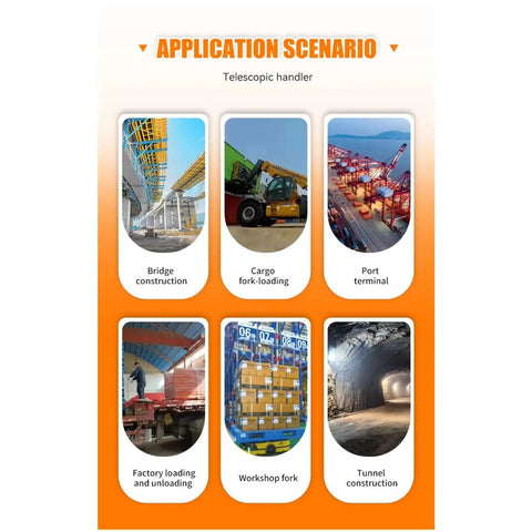 Application scenarios for Built Tough Heavy Duty 4WD Telescopic Handler For Construction Sites including bridge and tunnel work.