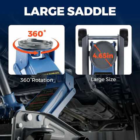 3 Ton Hydraulic Floor Jack 6600 Lbs Lift Range with 360° rotating large saddle, 4.65in size for easy maneuvering in garage work.