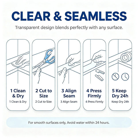 Instructions for using Crystal Clear Self Adhesive Waterproof Tape for Heavy Duty Sealing Bathtub Shower and Kitchen Sink.