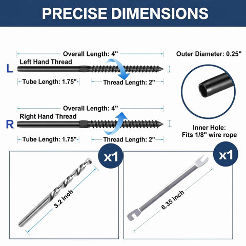 Precise dimensions for Tough As Nails 60 Pack Black Swage Lag Screws For Cable Railing Systems, including left and right hand thread sizes.