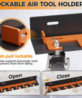 Close-up of lockable air tool wall mount rack with five slots, showcasing push-pull lock mechanism and quarter-inch connectors.