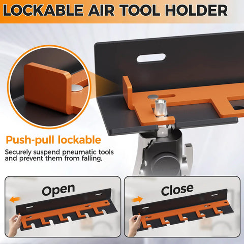 Close-up of lockable air tool wall mount rack with five slots, showcasing push-pull lock mechanism and quarter-inch connectors.