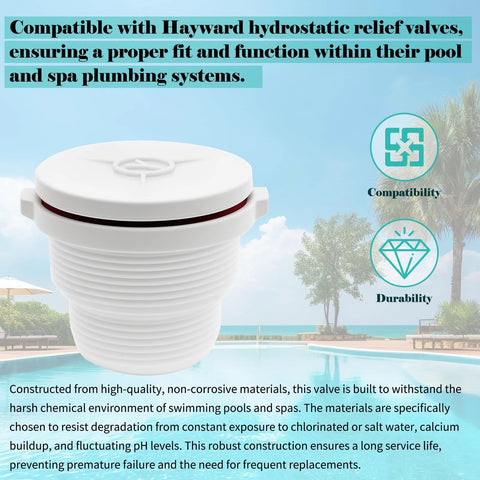 Front view of white GripNex SP1056 spring-loaded hydrostatic relief valve for Hayward-compatible pool/spa systems