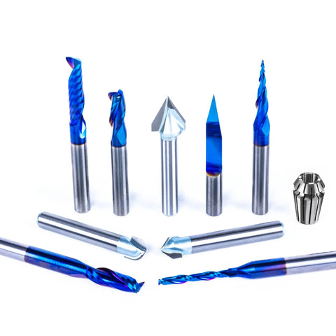 Quarter Inch Shank Carving Router Bit Set Ten in One with V Groove Bits Spiral End Mills Tapered Bits Includes ER11 Collet