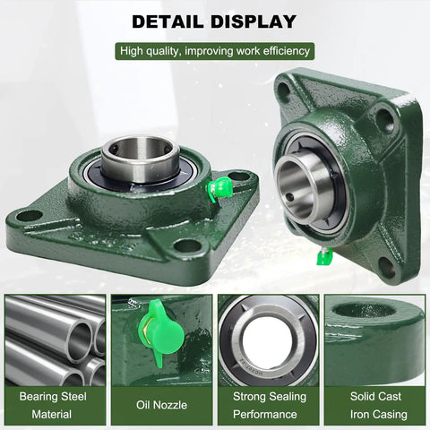 2 Pack Pillow Block Bearing UCF207-22 Square Flange Four Bolt Mounted Bearing Steel With Solid Cast Iron Base Self Aligning Bore