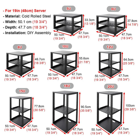 Heavy Duty Open Frame Server Rack With Smooth Rollin Wheels And No Sweat Cooling Shelves For 20U IT AV Gear dimensions chart.