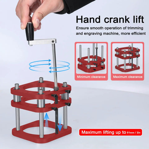 Rock Solid 4 Jaw Clamping Router Table Lifting System With Manual Lift, Fits Router Motors 64-66mm, 51mm Stroke, Universal Base For Small Trimming Machines And Woodworking Tables, hand crank lift shown