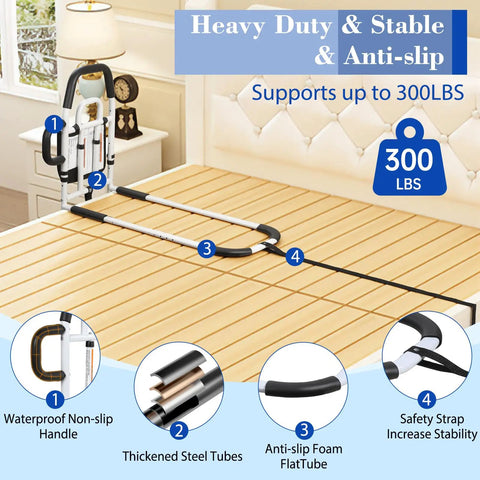 Easy Access Bed Rail For Seniors With No Slip Ergonomic Handle And Storage Pocket shown on bed with safety strap and non-slip handle.